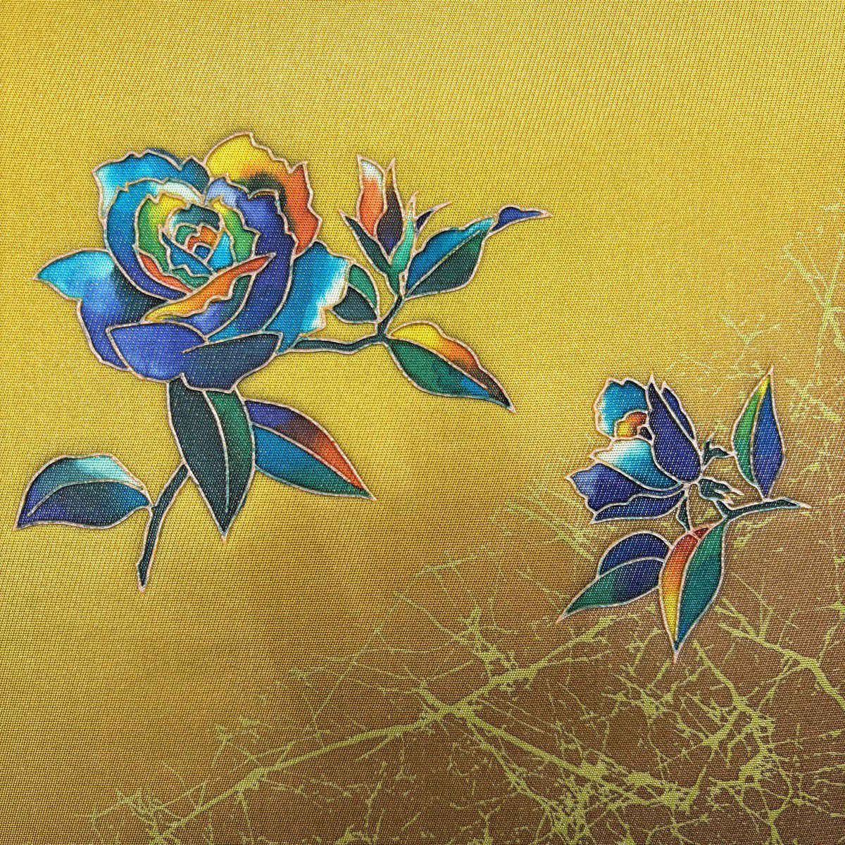 【美品】 袋帶 秀品級 薔薇 金金箔 金銀彩 黃土 深色 お太鼓圖案 純蠶絲