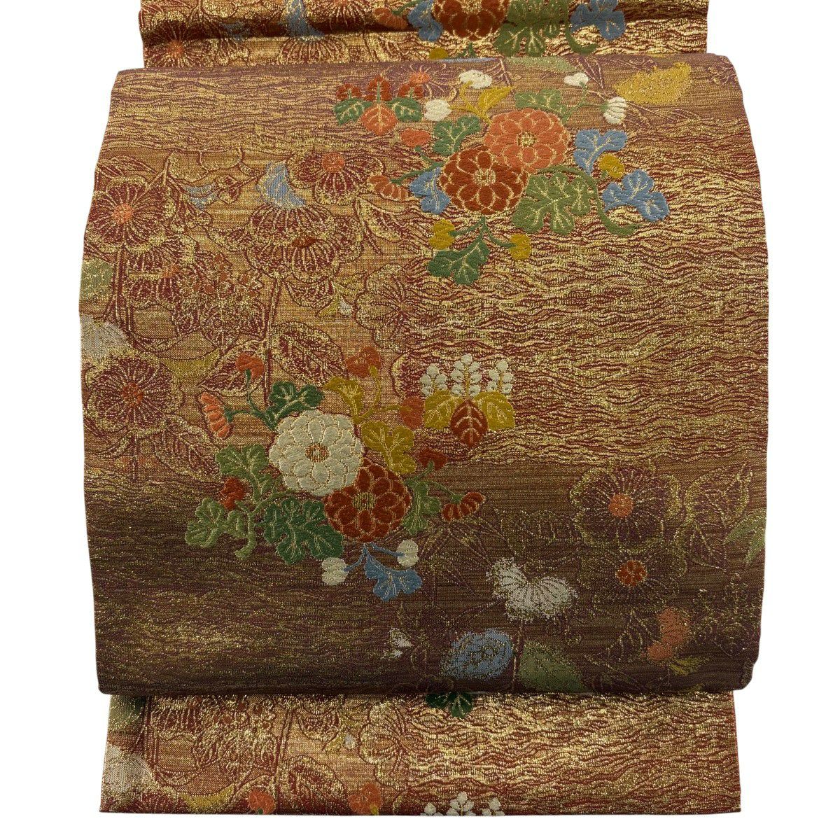 【美品】 袋帶 秀品級 草花紋紋 菊花 唐織 金金箔 橙色 六通 純蠶絲