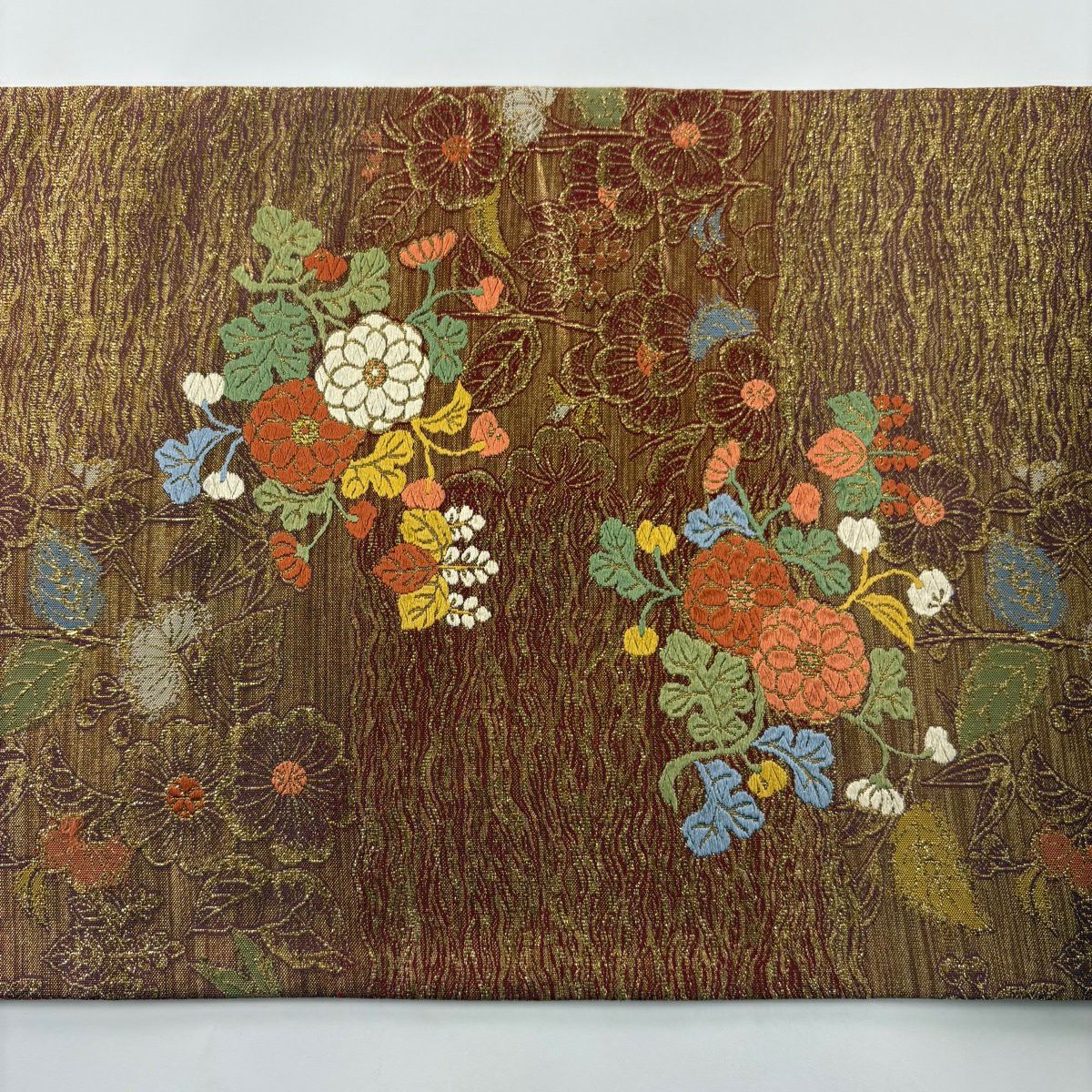 【美品】 袋帶 秀品級 草花紋紋 菊花 唐織 金金箔 橙色 六通 純蠶絲