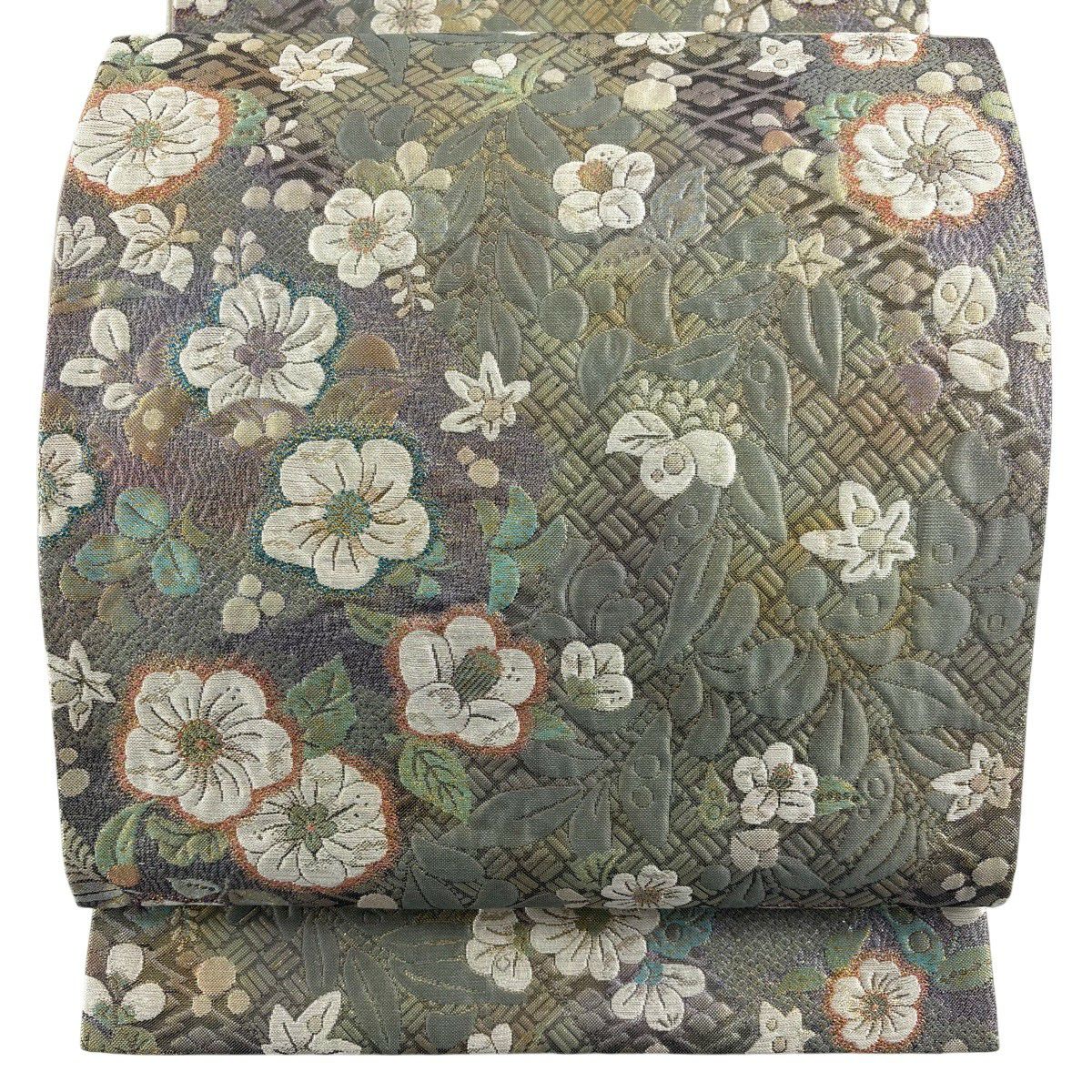 【美品】 袋帶 秀品級 草花紋 金銀彩 金金箔 灰綠 六通 純蠶絲
