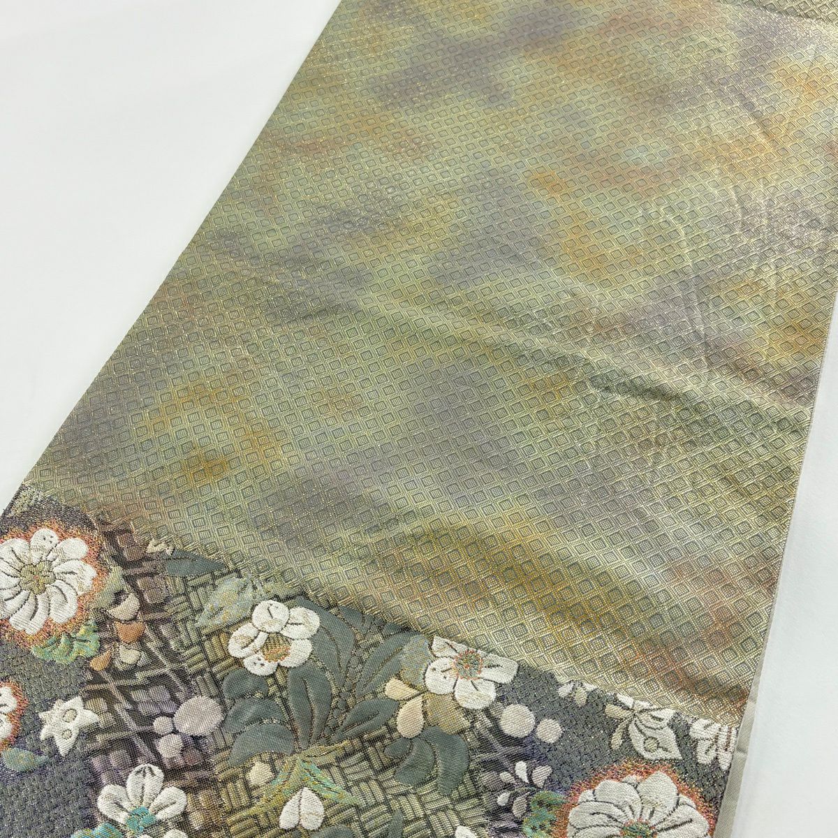 【美品】 袋帶 秀品級 草花紋 金銀彩 金金箔 灰綠 六通 純蠶絲