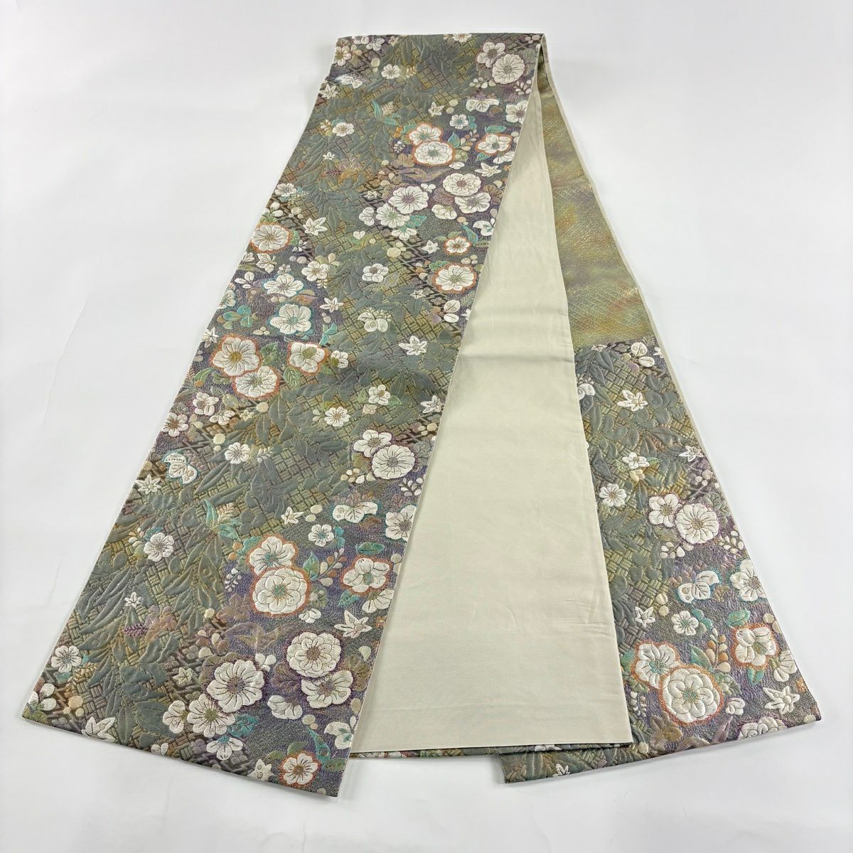 【美品】 袋帶 秀品級 草花紋 金銀彩 金金箔 灰綠 六通 純蠶絲