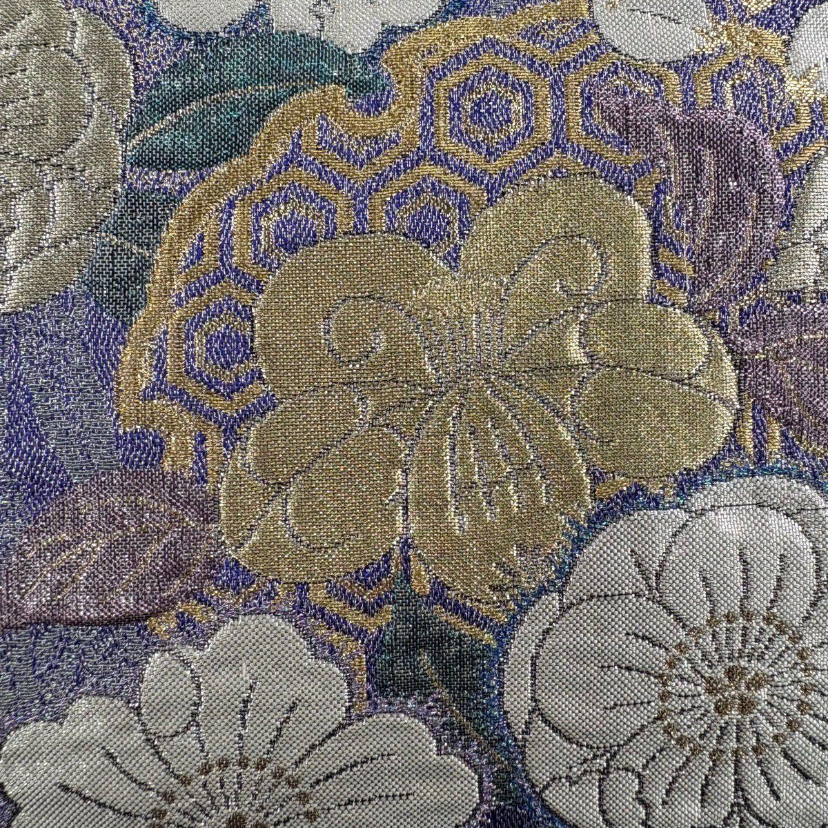 【美品】 袋帶 秀品級櫻花雪輪 金金箔金銀線 青紫 六通 純蠶絲