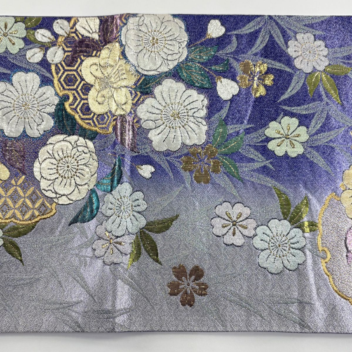 【美品】 袋帶 秀品級櫻花雪輪 金金箔金銀線 青紫 六通 純蠶絲
