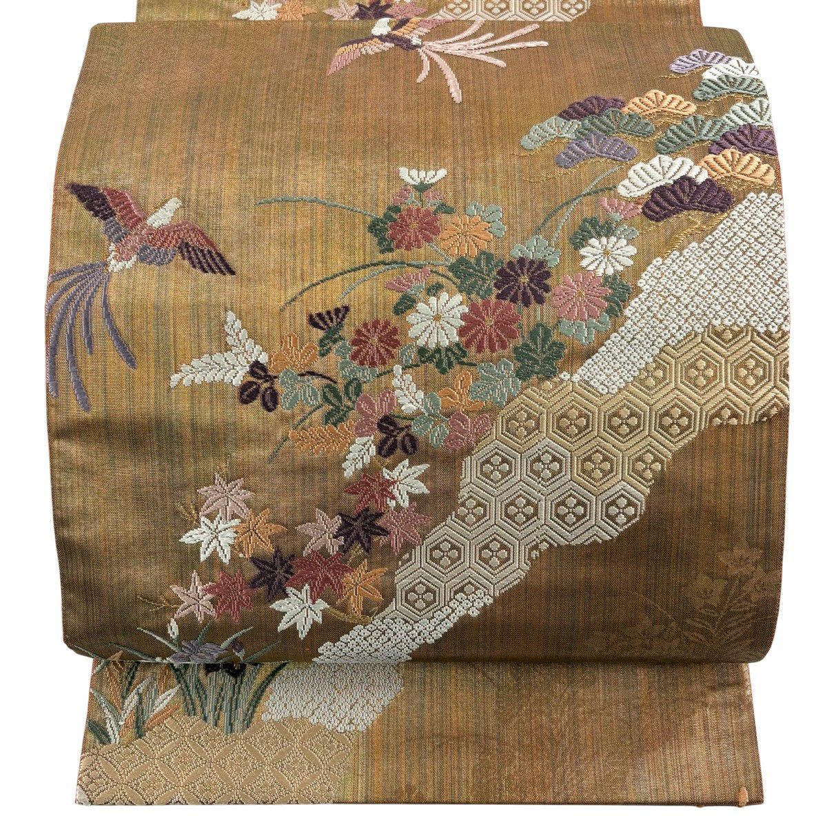 【美品】 袋帶 秀品級 花鳥 龜甲 唐織 金金箔 淺茶 深色 六通 純蠶絲