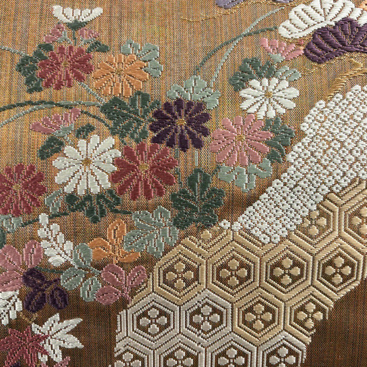 【美品】 袋帶 秀品級 花鳥 龜甲 唐織 金金箔 淺茶 深色 六通 純蠶絲
