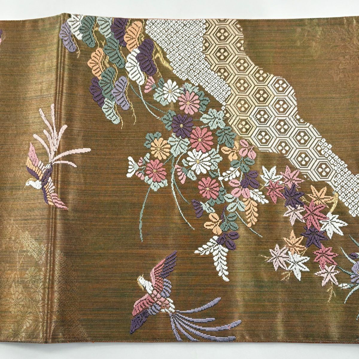 【美品】 袋帶 秀品級 花鳥 龜甲 唐織 金金箔 淺茶 深色 六通 純蠶絲