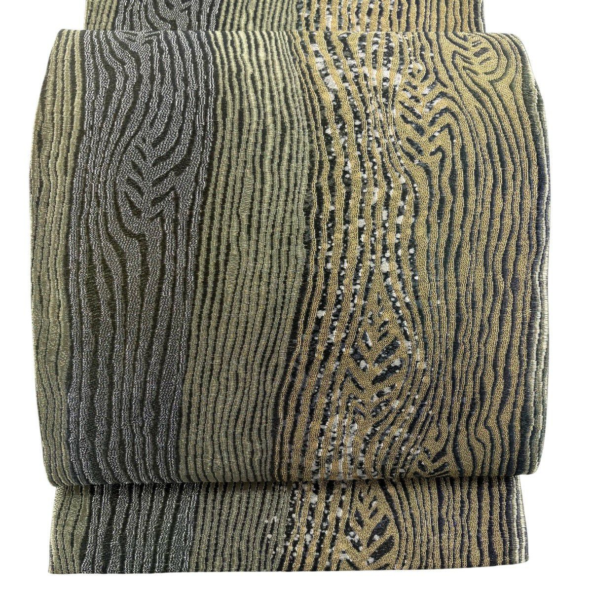 【美品】 袋帶 秀品級 幾何學 金絲 金金箔 墨色 全通 純蠶絲