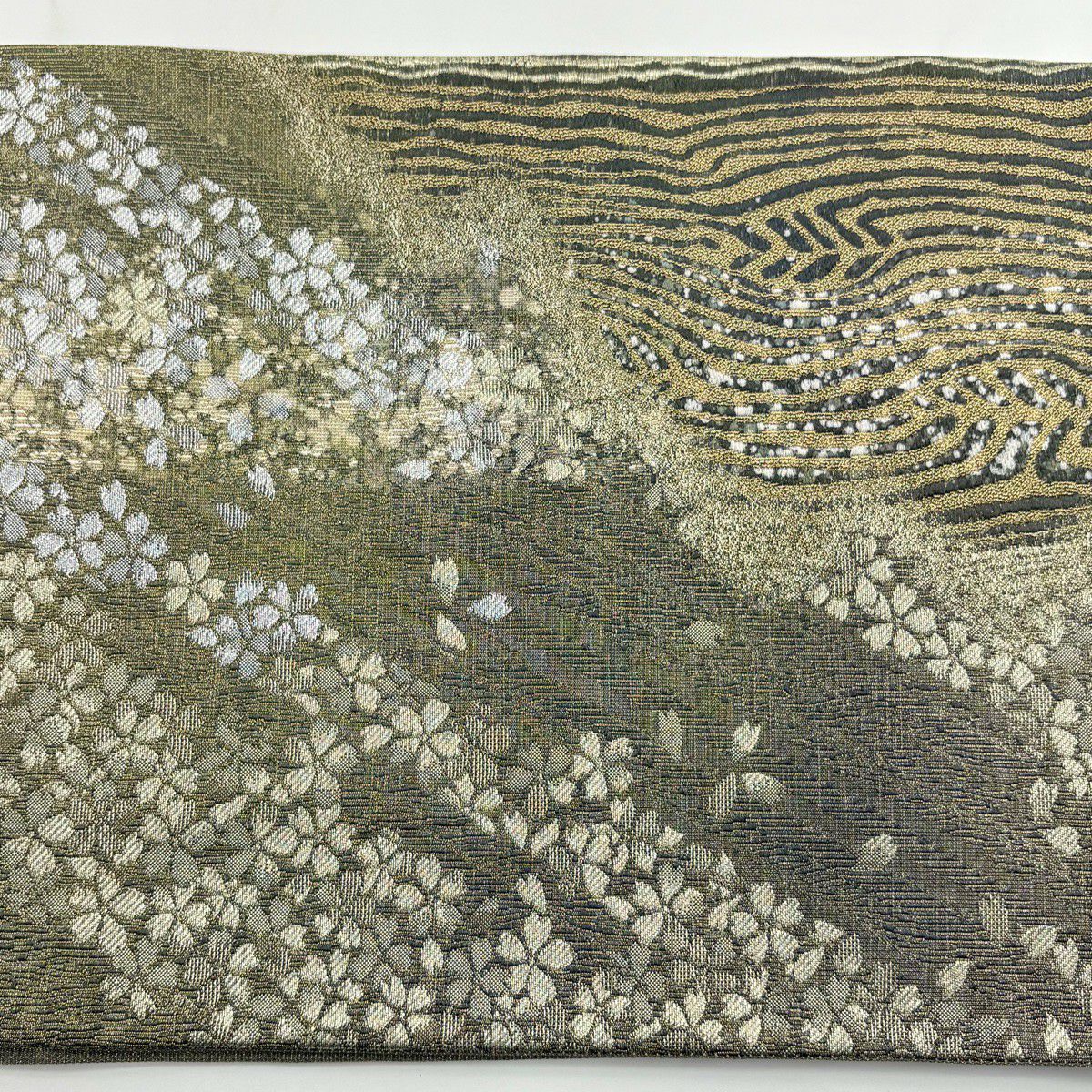 【美品】 袋帶 秀品級 幾何學 金絲 金金箔 墨色 全通 純蠶絲