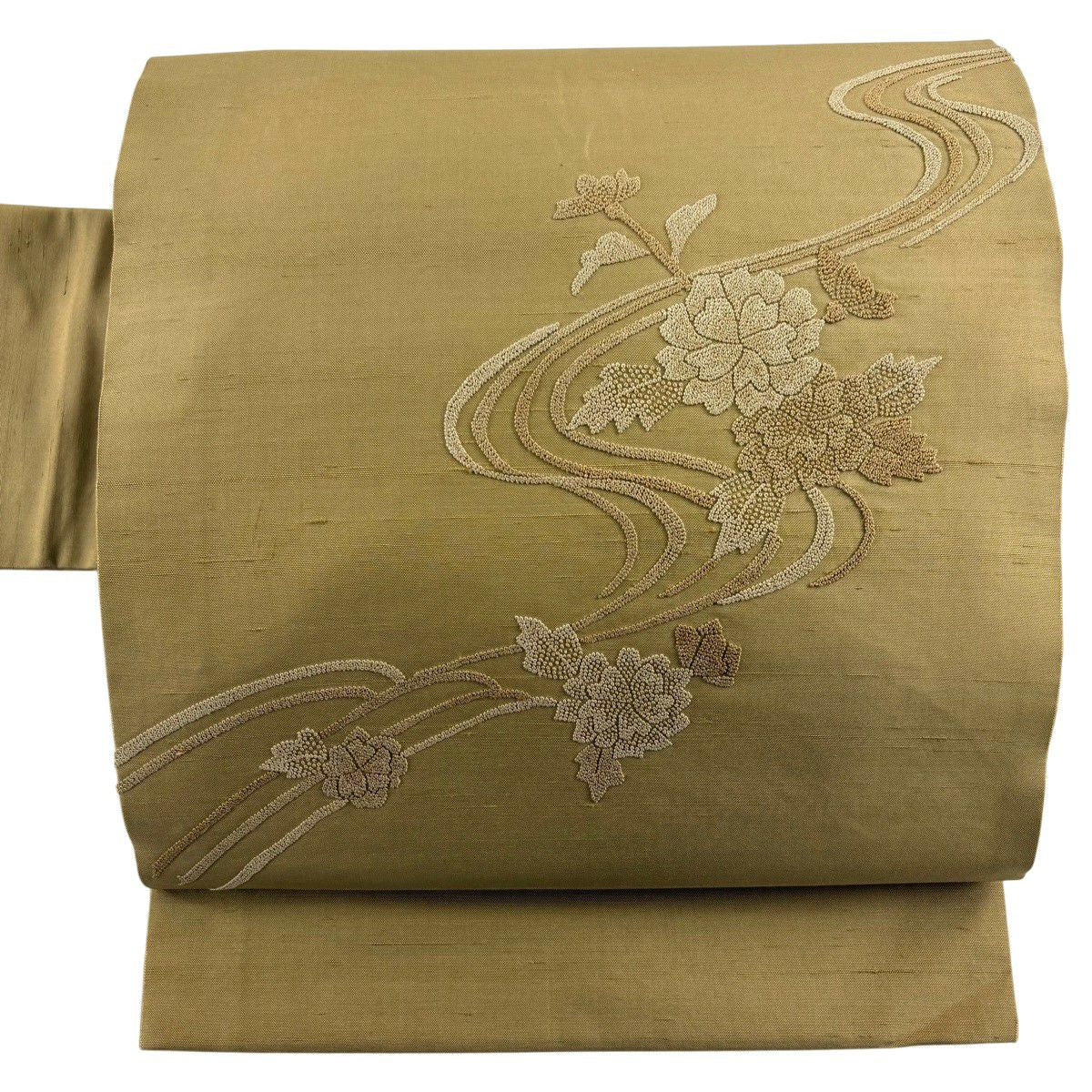 名古屋帶 秀品級 紬織織 草花紋紋 流水 相良刺繡 薄黃土 純蠶絲