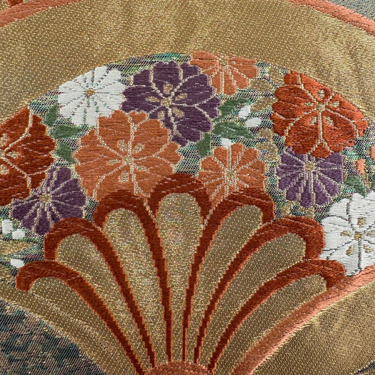 袋帶 秀品級 青海波 梅花 金糸 金金箔 灰綠 六通 純蠶絲
