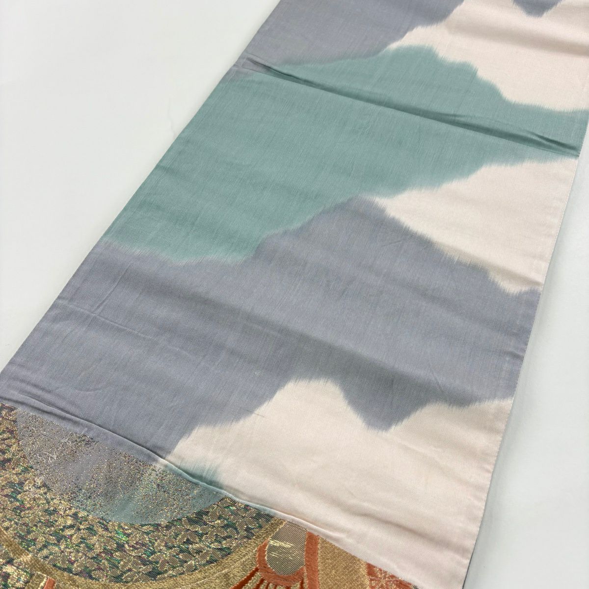 袋帶 秀品級 青海波 梅花 金糸 金金箔 灰綠 六通 純蠶絲
