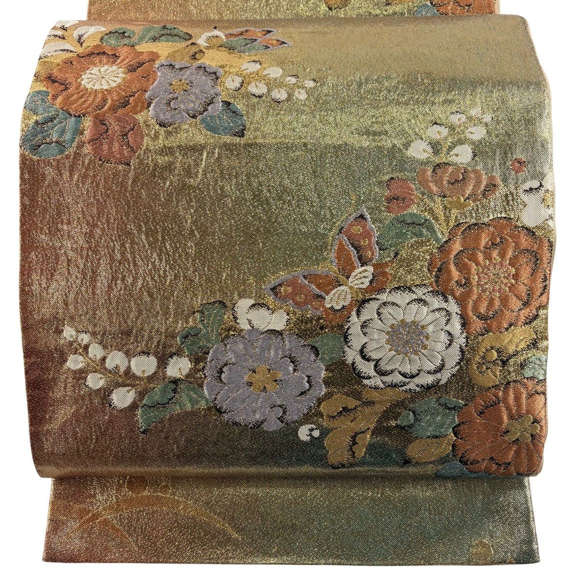 【美品】 袋帶 秀品級 草花紋 蝶 金金箔 金絲 金色 六通 純蠶絲