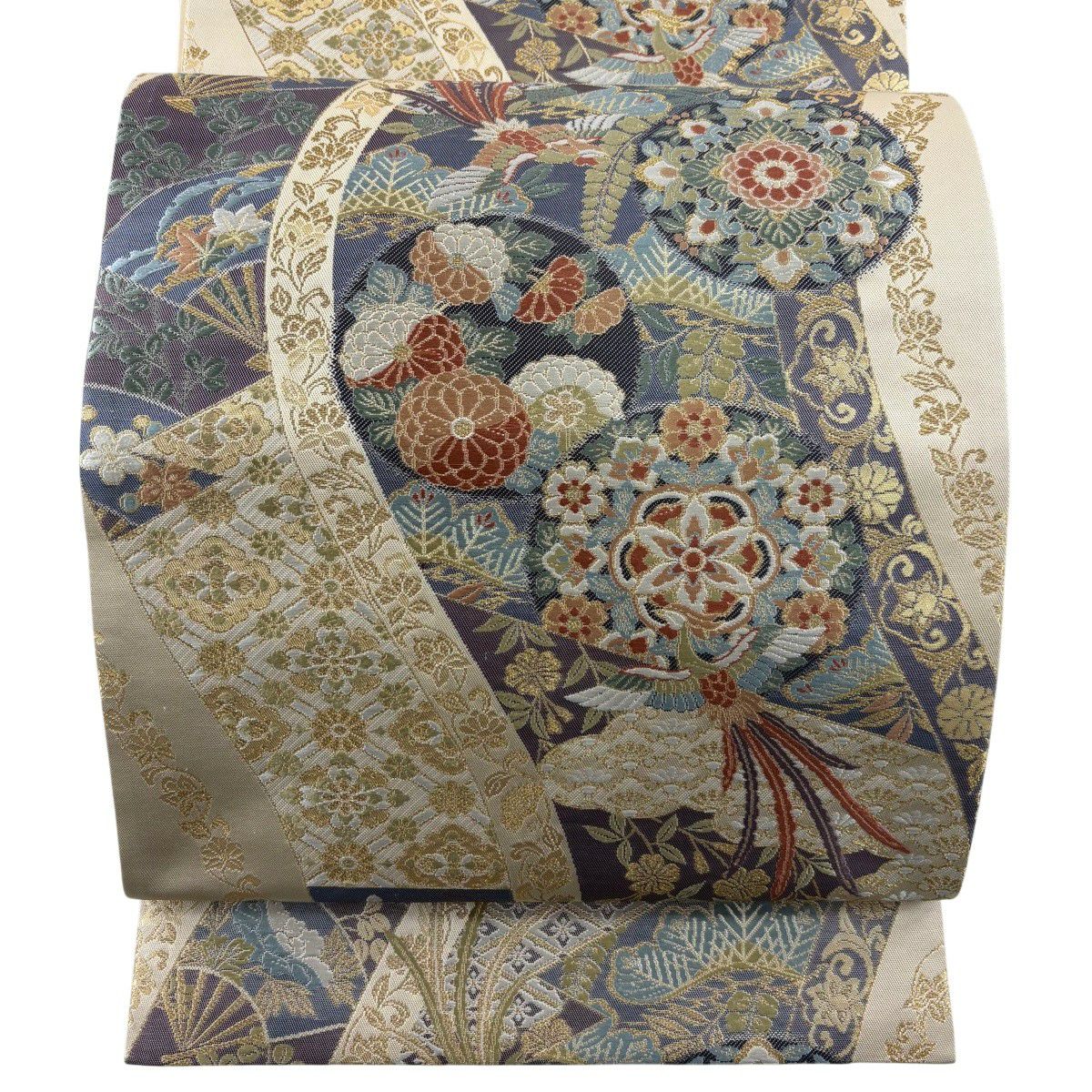 【美品】 袋帶 秀品級 華紋 尾長鳥 金絲 金金箔 米色 六通 純蠶絲