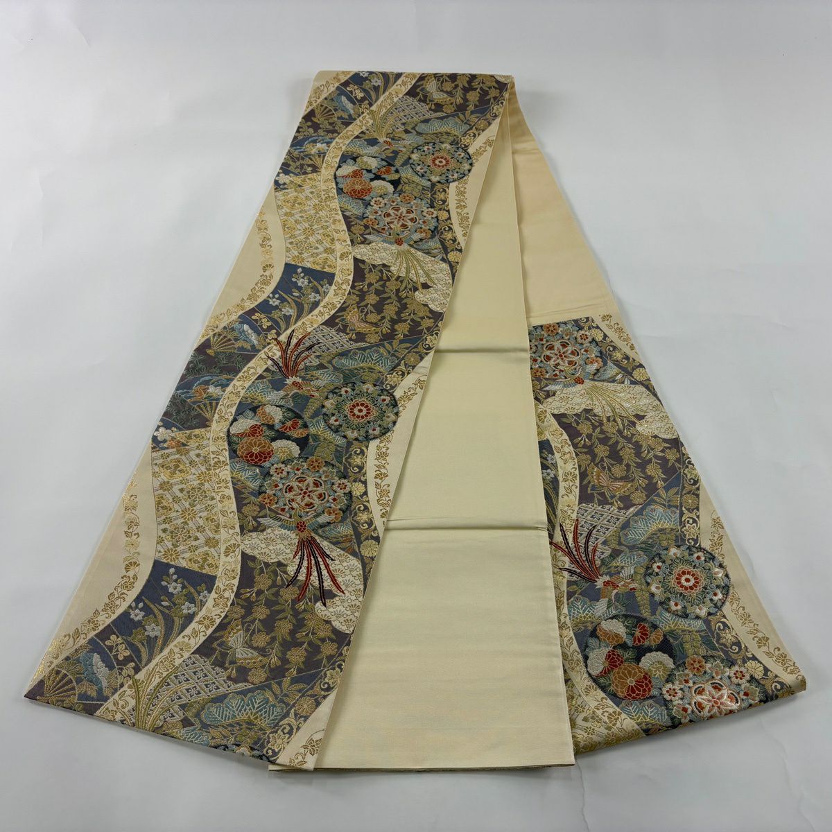【美品】 袋帶 秀品級 華紋 尾長鳥 金絲 金金箔 米色 六通 純蠶絲