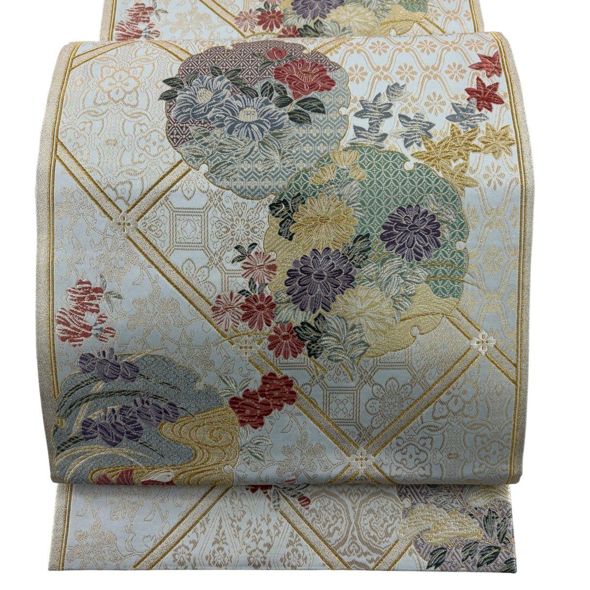 【美品】 袋帶 秀品級 雪輪 草花紋 金糸 金金箔 水色 六通 純蠶絲