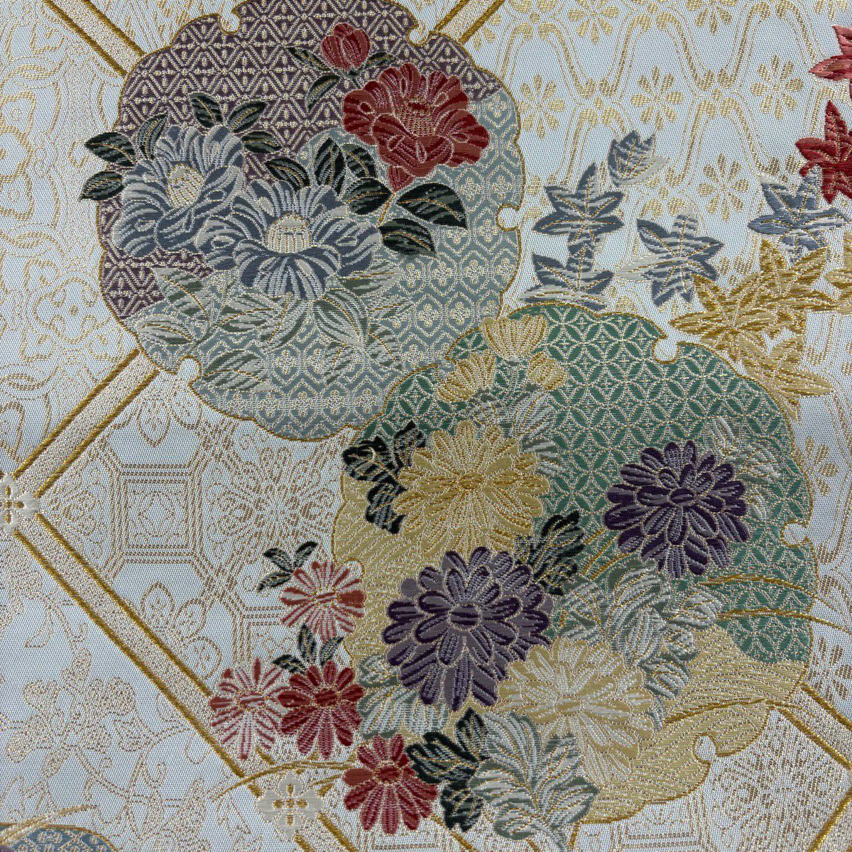 【美品】 袋帶 秀品級 雪輪 草花紋 金糸 金金箔 水色 六通 純蠶絲