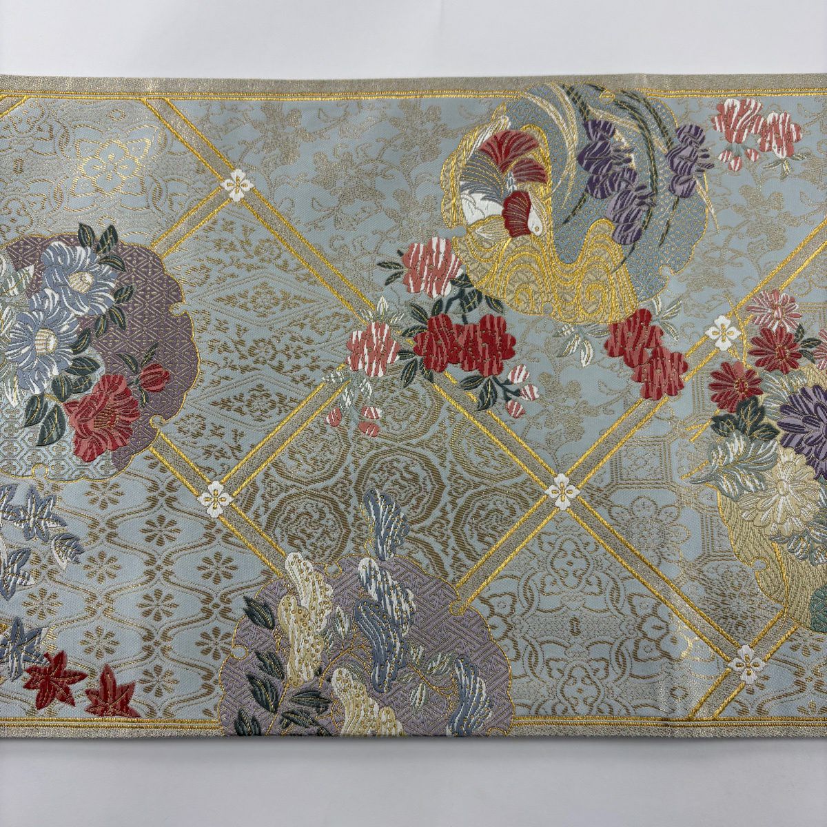 【美品】 袋帶 秀品級 雪輪 草花紋 金糸 金金箔 水色 六通 純蠶絲