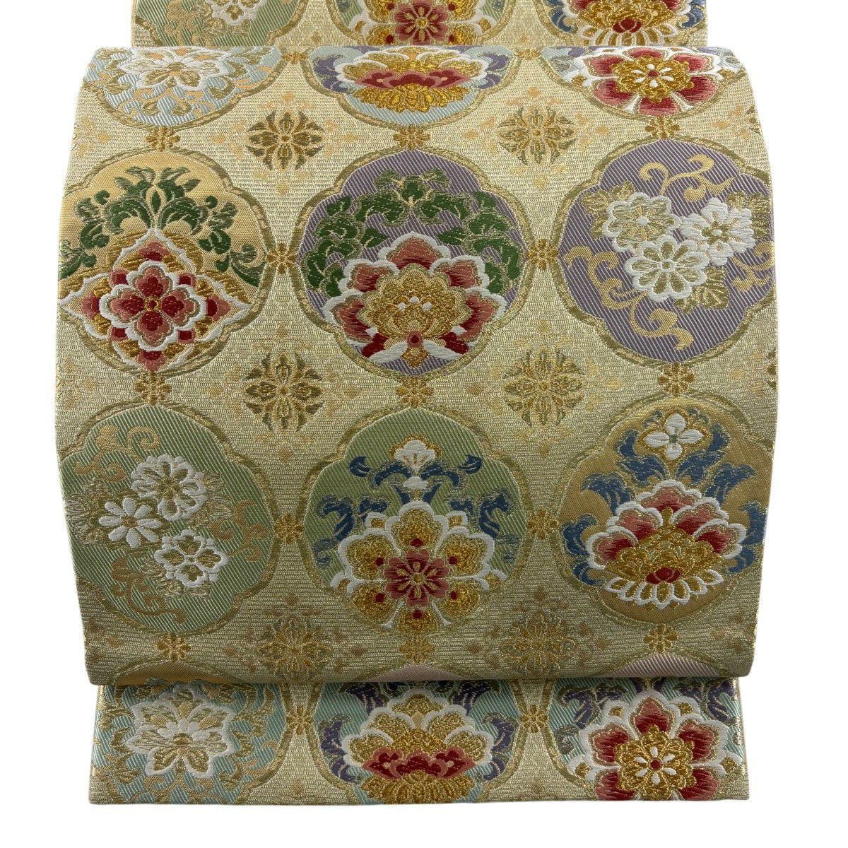 【美品】 袋帶 秀品級 草花紋紋 金彩裝飾 金金箔 金色 六通 純蠶絲
