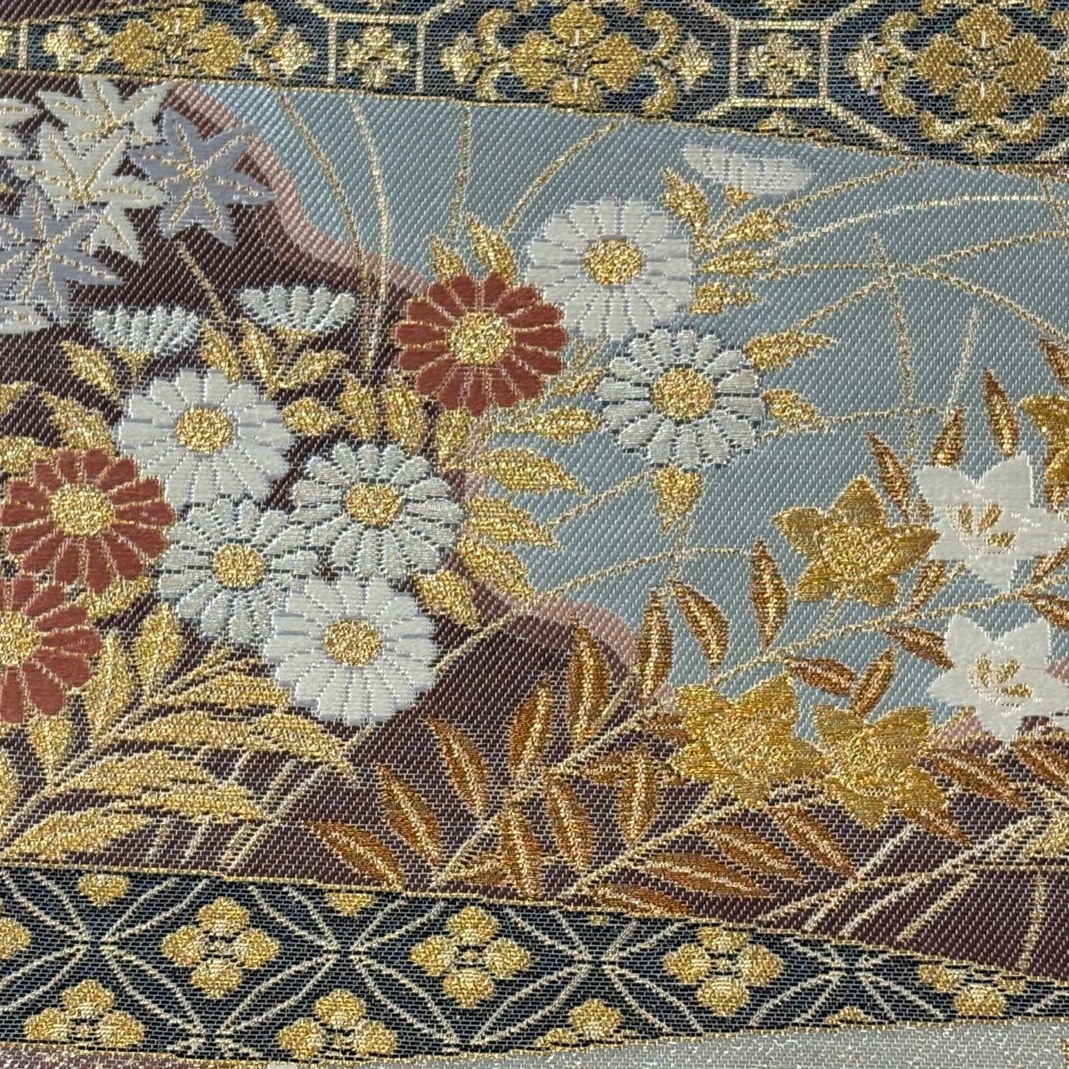 【美品】 袋帶 秀品級 秋草 鴛鴦 金銀彩 金金箔 灰 深藍 六通 純蠶絲