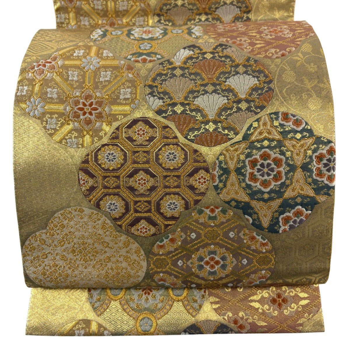 【美品】 袋帶 秀品級 華紋 龜甲 金絲 金金箔 金色 六通 純蠶絲