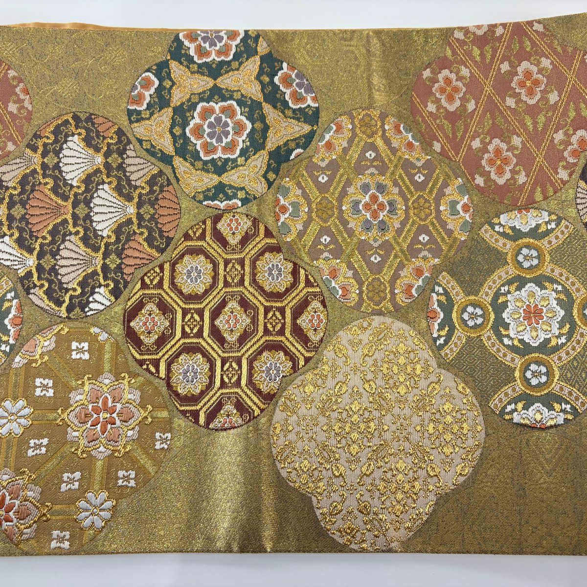 【美品】 袋帶 秀品級 華紋 龜甲 金絲 金金箔 金色 六通 純蠶絲
