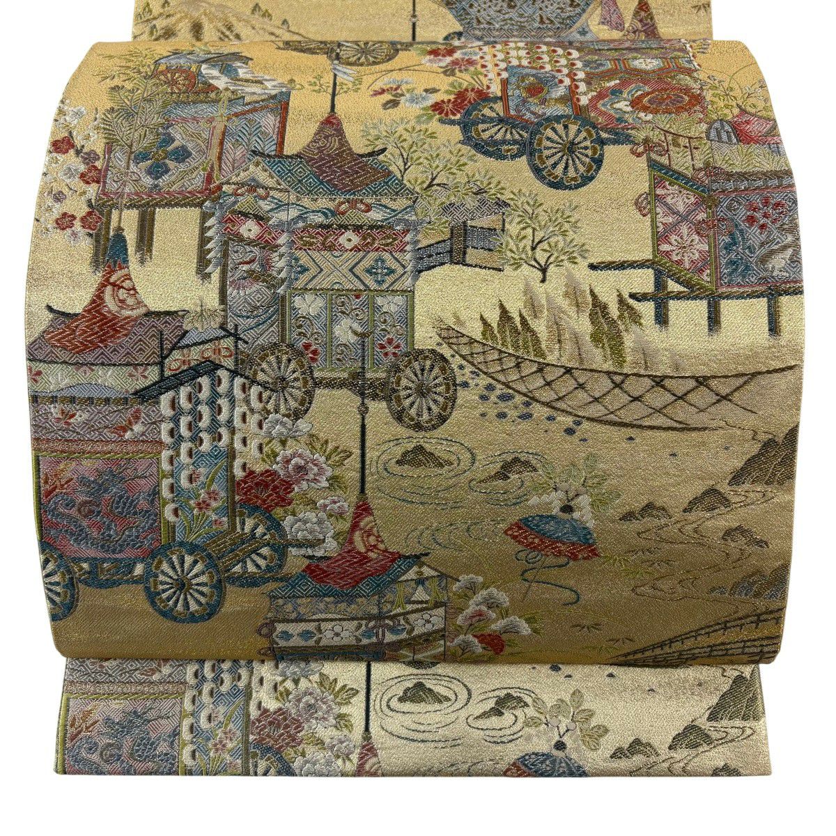 【美品】 袋帶 秀品級 山鉾 草花紋 金絲 金金箔 金色 六通 純蠶絲