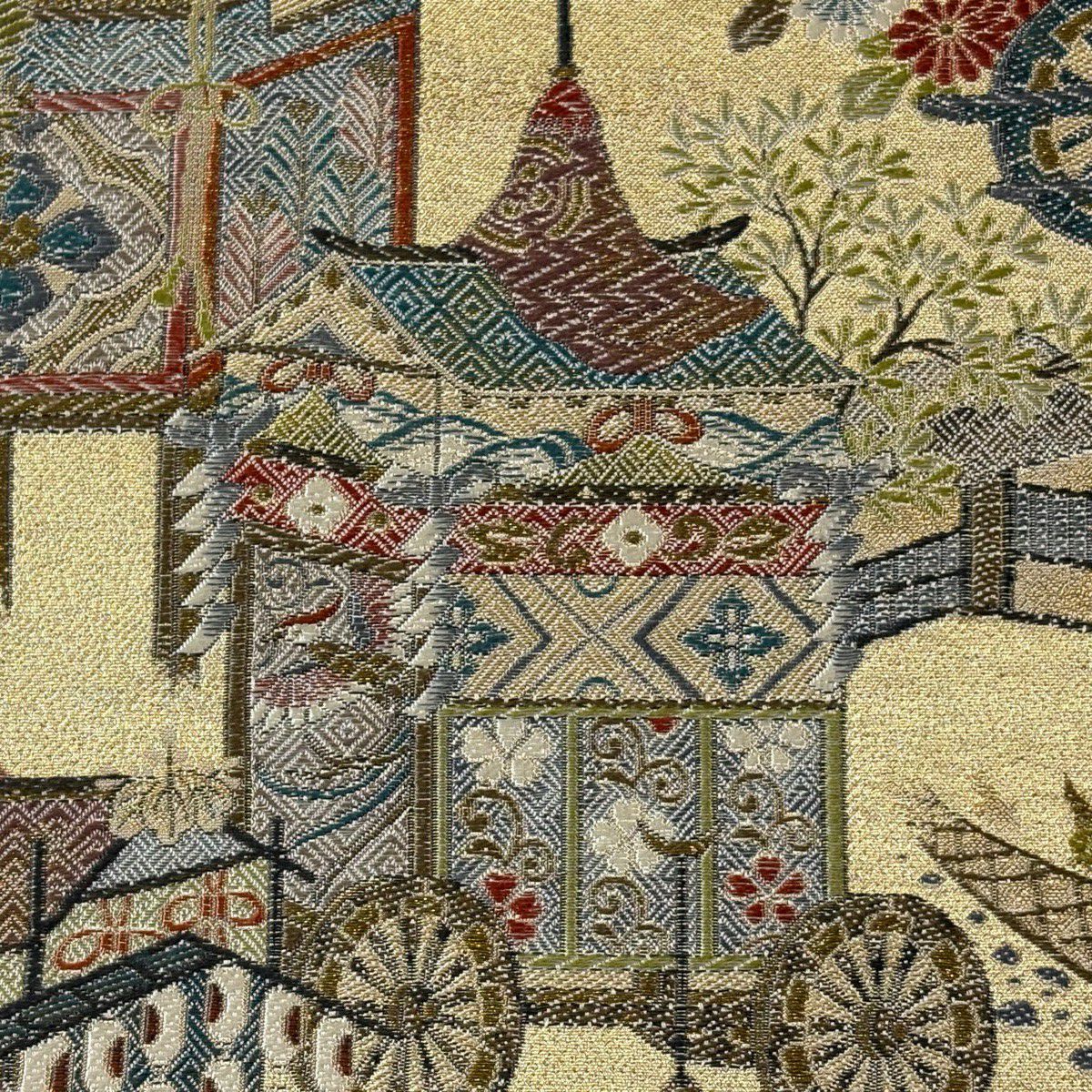【美品】 袋帶 秀品級 山鉾 草花紋 金絲 金金箔 金色 六通 純蠶絲
