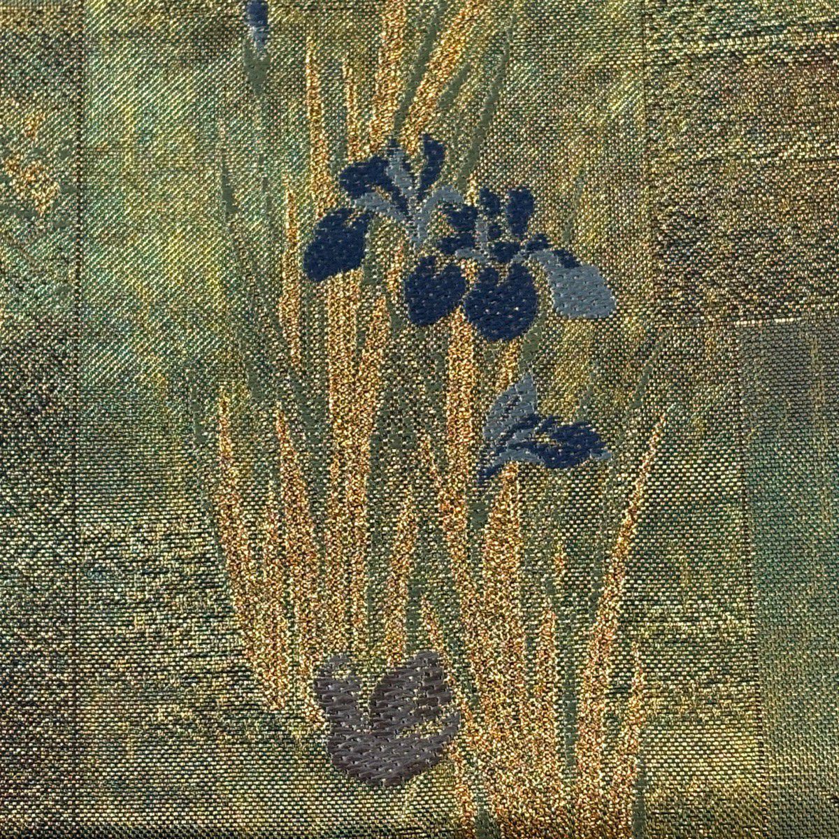 袋帶 秀品級 短冊 花鳥 金絲 金金箔 灰綠 お太鼓圖案 純蠶絲