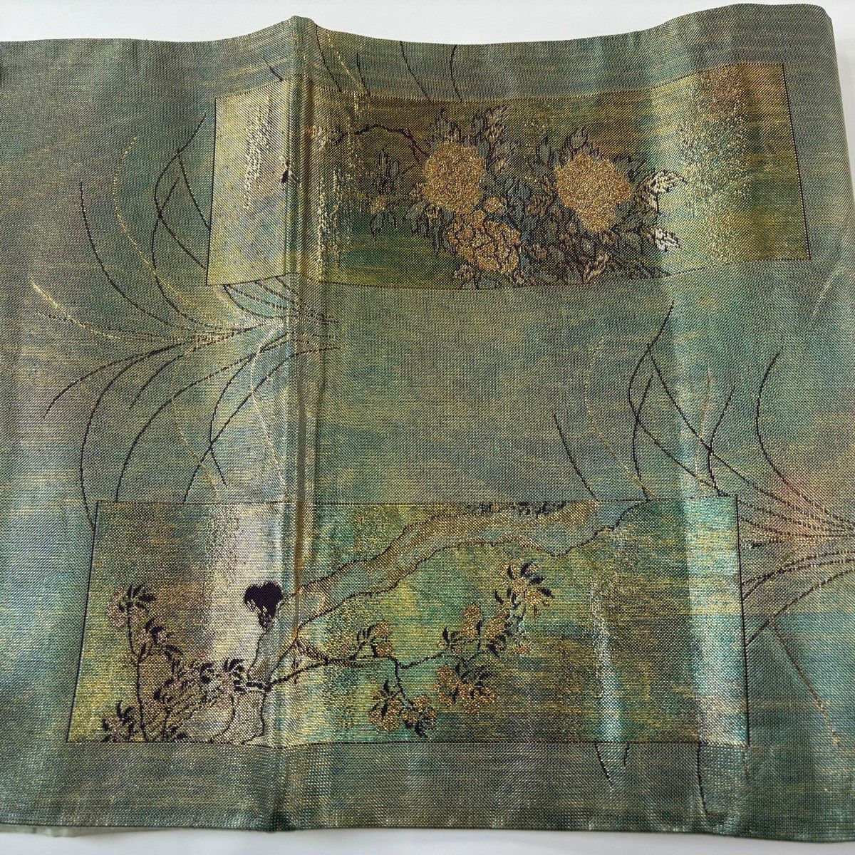 袋帶 秀品級 短冊 花鳥 金絲 金金箔 灰綠 お太鼓圖案 純蠶絲
