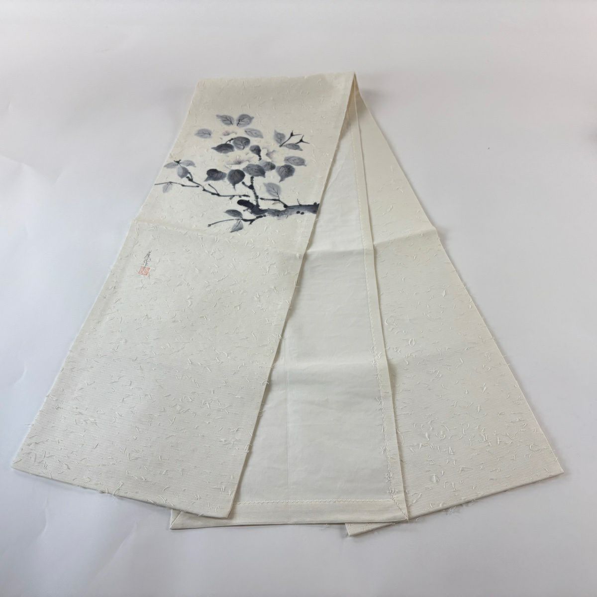 開口名古屋帶 優品級 有落款 枝花 奶油色 純蠶絲