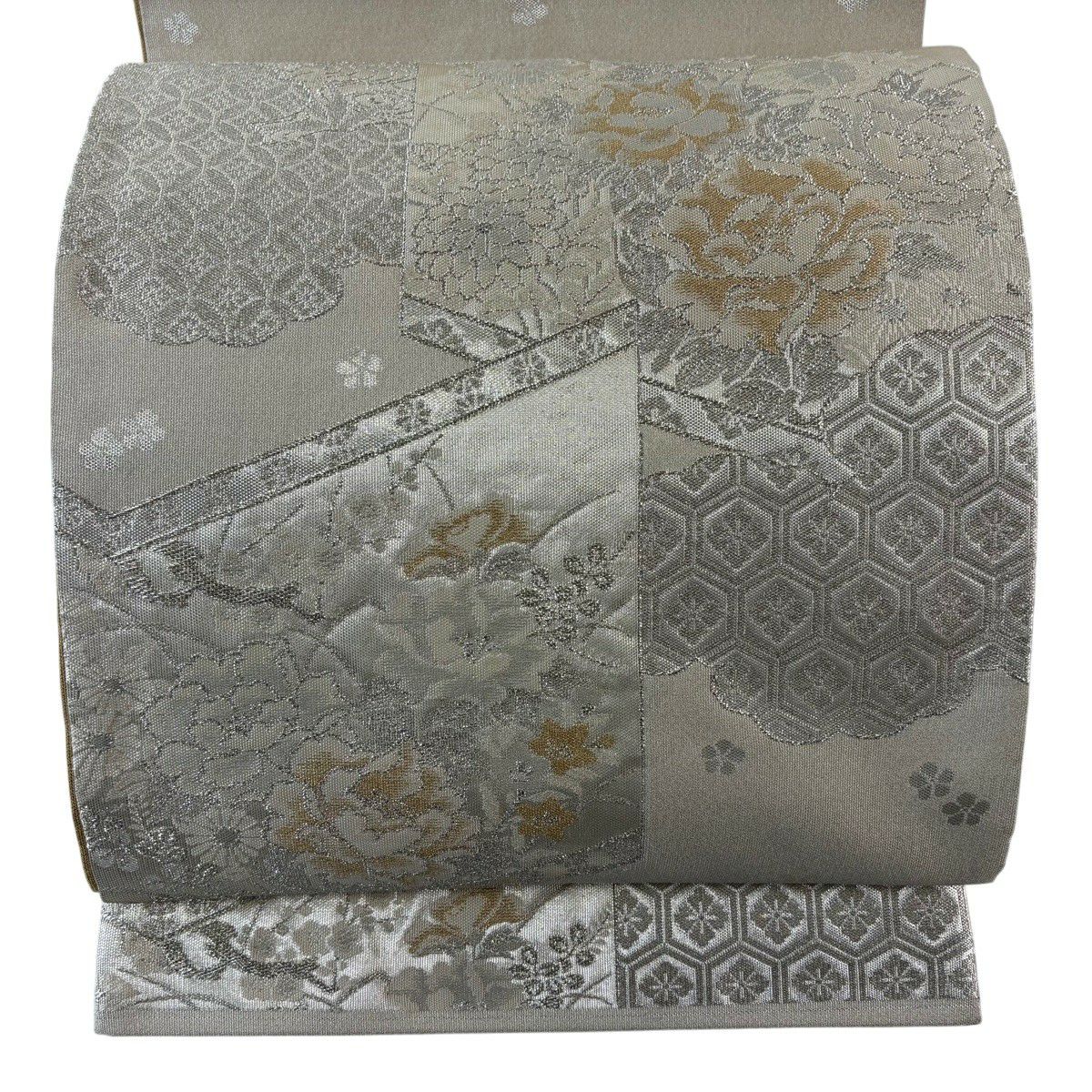 【美品】 袋帶 秀品級 落款あり 關西仕立 草花紋紋 龜甲 金銀彩 金金箔 灰白 六通 純蠶絲