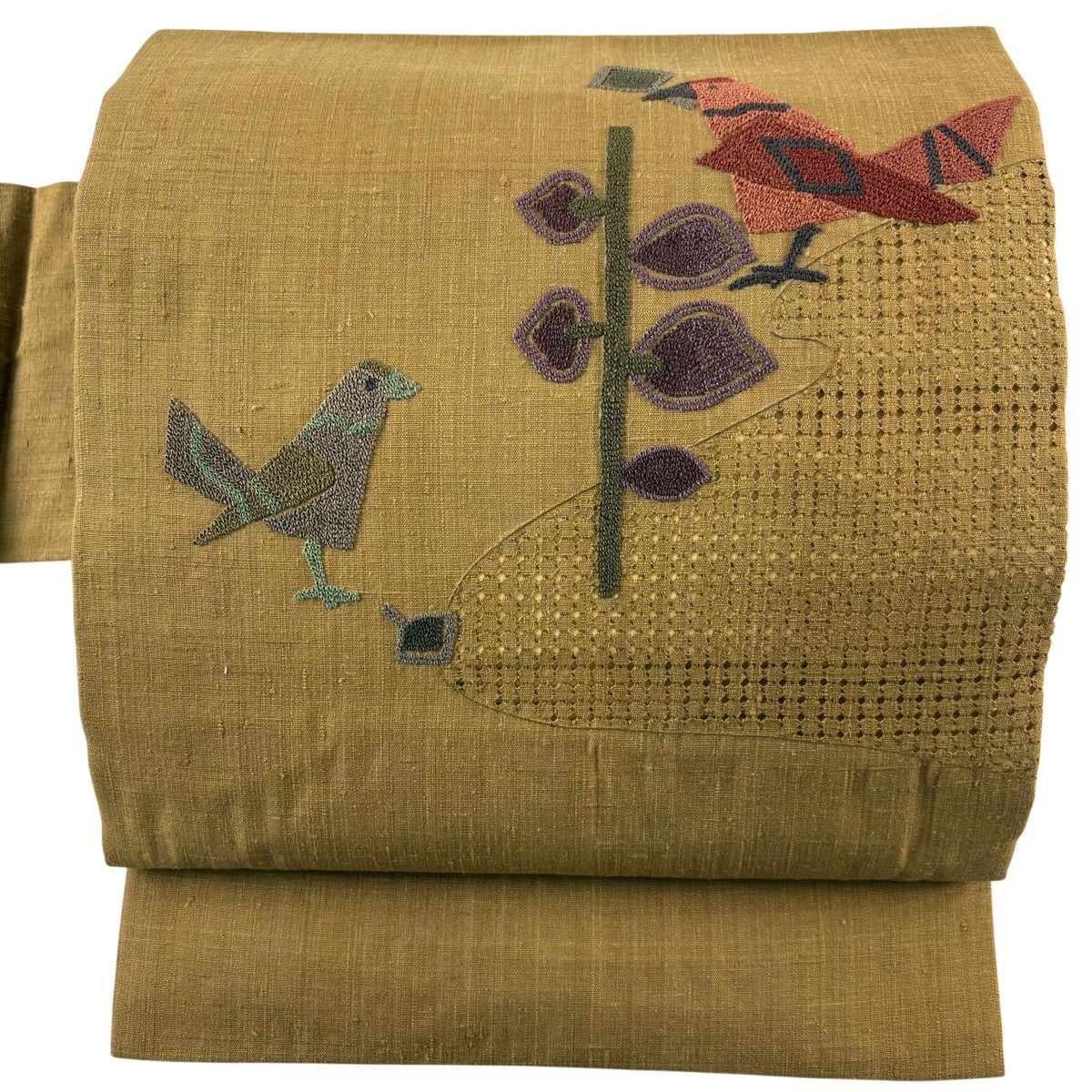 【美品】 名古屋帶 優品級 紬織織 鳥 草花紋刺繡 山吹茶 純蠶絲