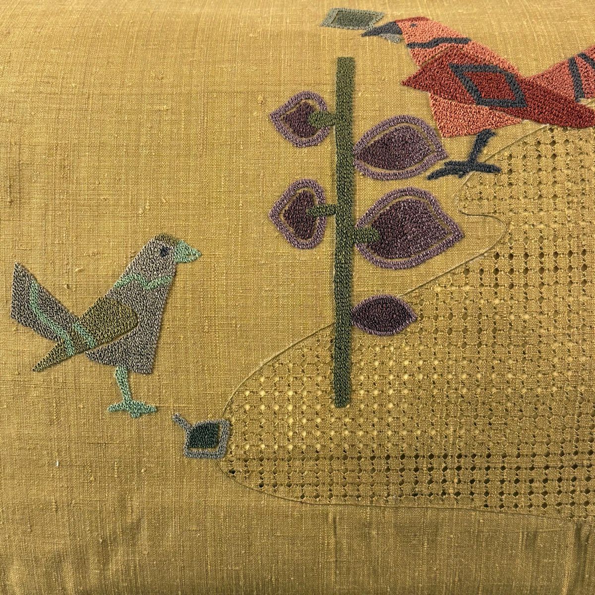 【美品】 名古屋帶 優品級 紬織織 鳥 草花紋刺繡 山吹茶 純蠶絲