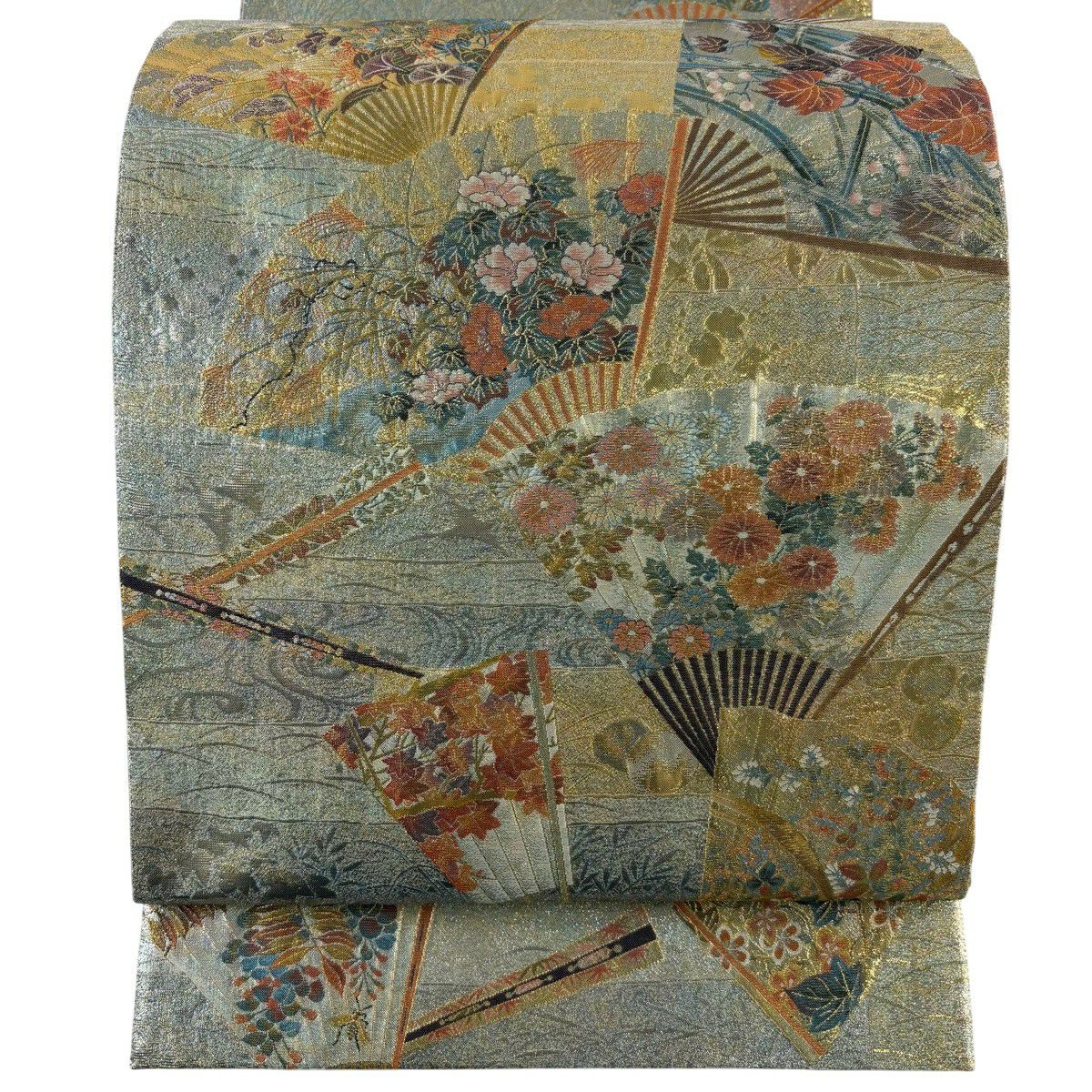 【美品】 袋帶 秀品級 琳派十六華扇子 扇子 秋草 金金箔 金絲 金色 六通 純蠶絲