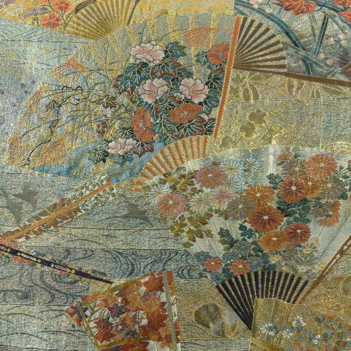 【美品】 袋帶 秀品級 琳派十六華扇子 扇子 秋草 金金箔 金絲 金色 六通 純蠶絲