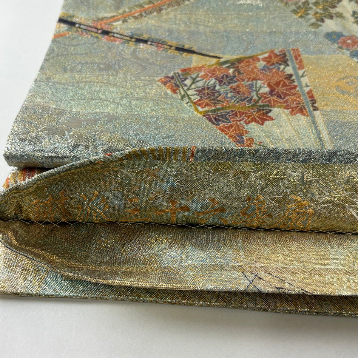 【美品】 袋帶 秀品級 琳派十六華扇子 扇子 秋草 金金箔 金絲 金色 六通 純蠶絲