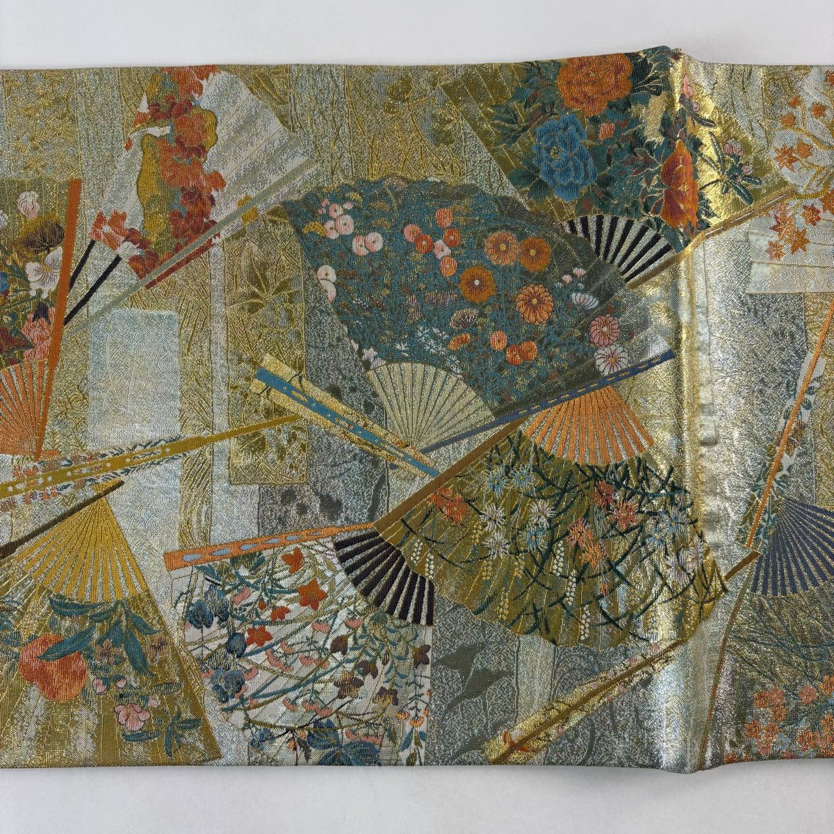 【美品】 袋帶 秀品級 琳派十六華扇子 扇子 秋草 金金箔 金絲 金色 六通 純蠶絲