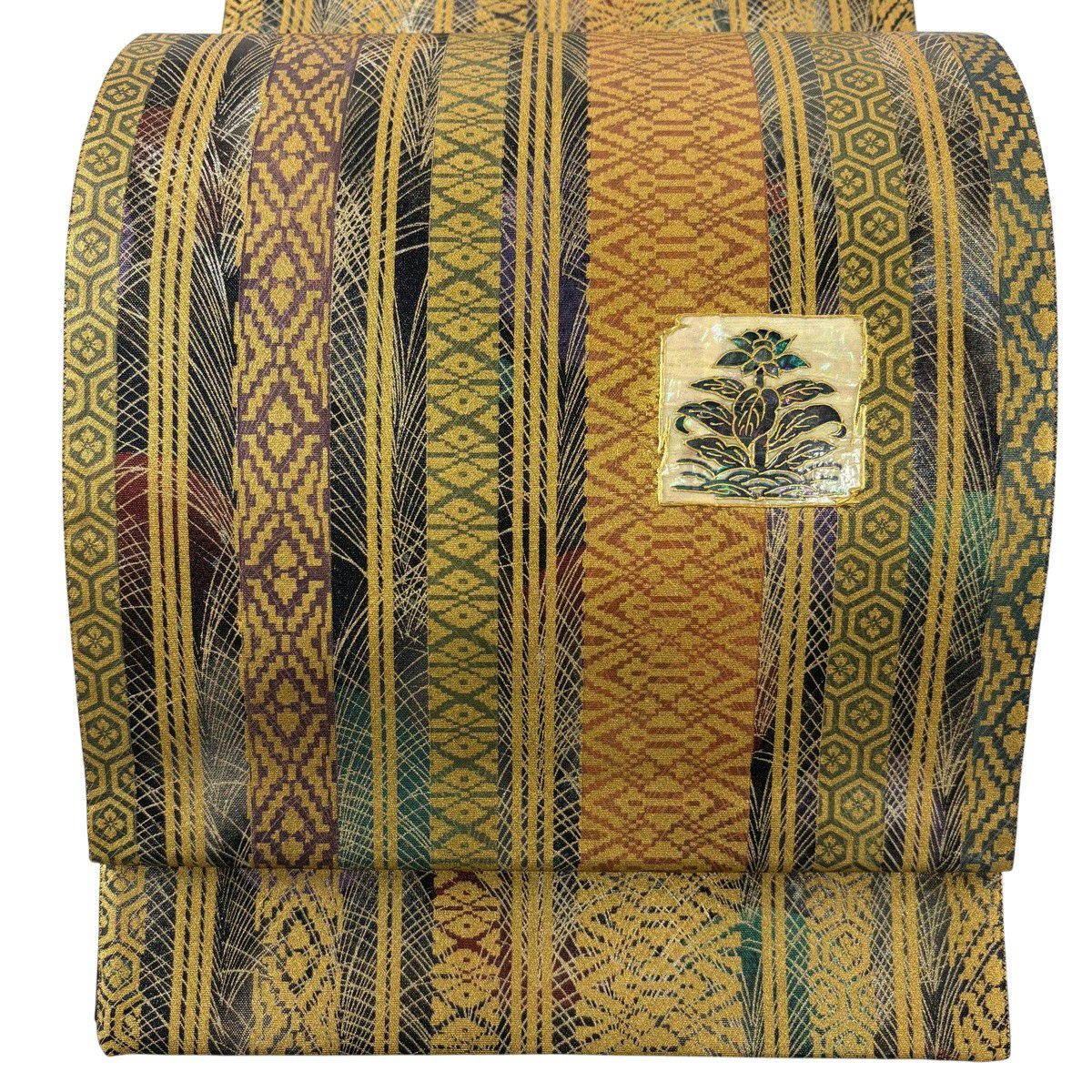 【美品】 袋帶 秀品級 草花紋紋 縞紋 金銀彩 螺鈿 墨色 大鼓圖案 純蠶絲