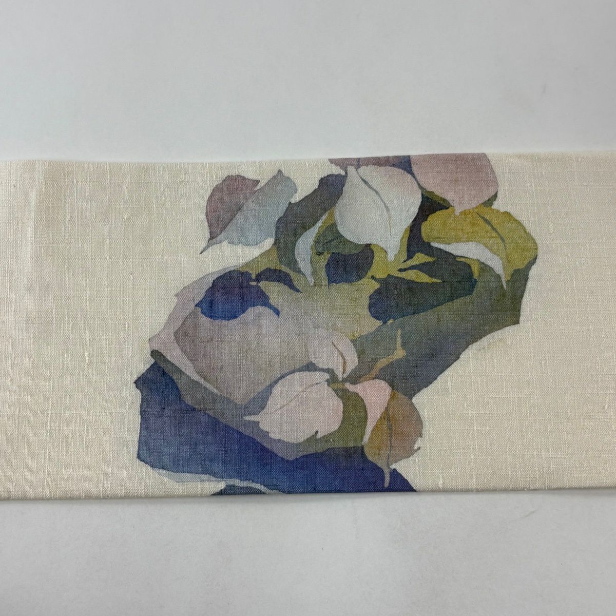 【美品】 名古屋帶 秀品級 有落款 紬織織 葉紋 輪廓 奶油色 純蠶絲