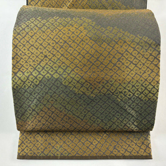 【美品】 袋帶 名古屋帶 秀品級 幾何學圖案 茶 純蠶絲