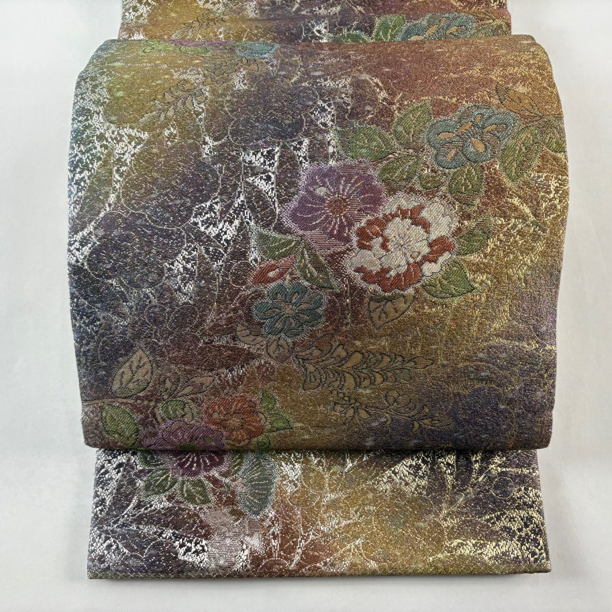 【美品】 袋帶 秀品級 草花紋 金銀彩 金金箔 茶 全通 純蠶絲