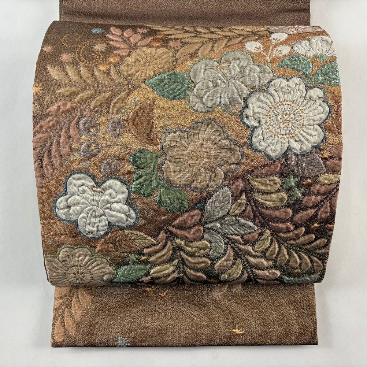 【美品】 袋帶 秀品級 草花紋 金糸 金金箔 茶 純蠶絲