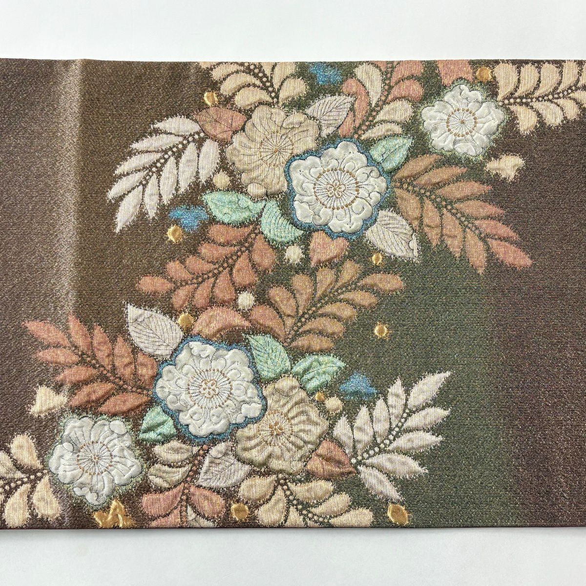 【美品】 袋帶 秀品級 草花紋 金糸 金金箔 茶 純蠶絲