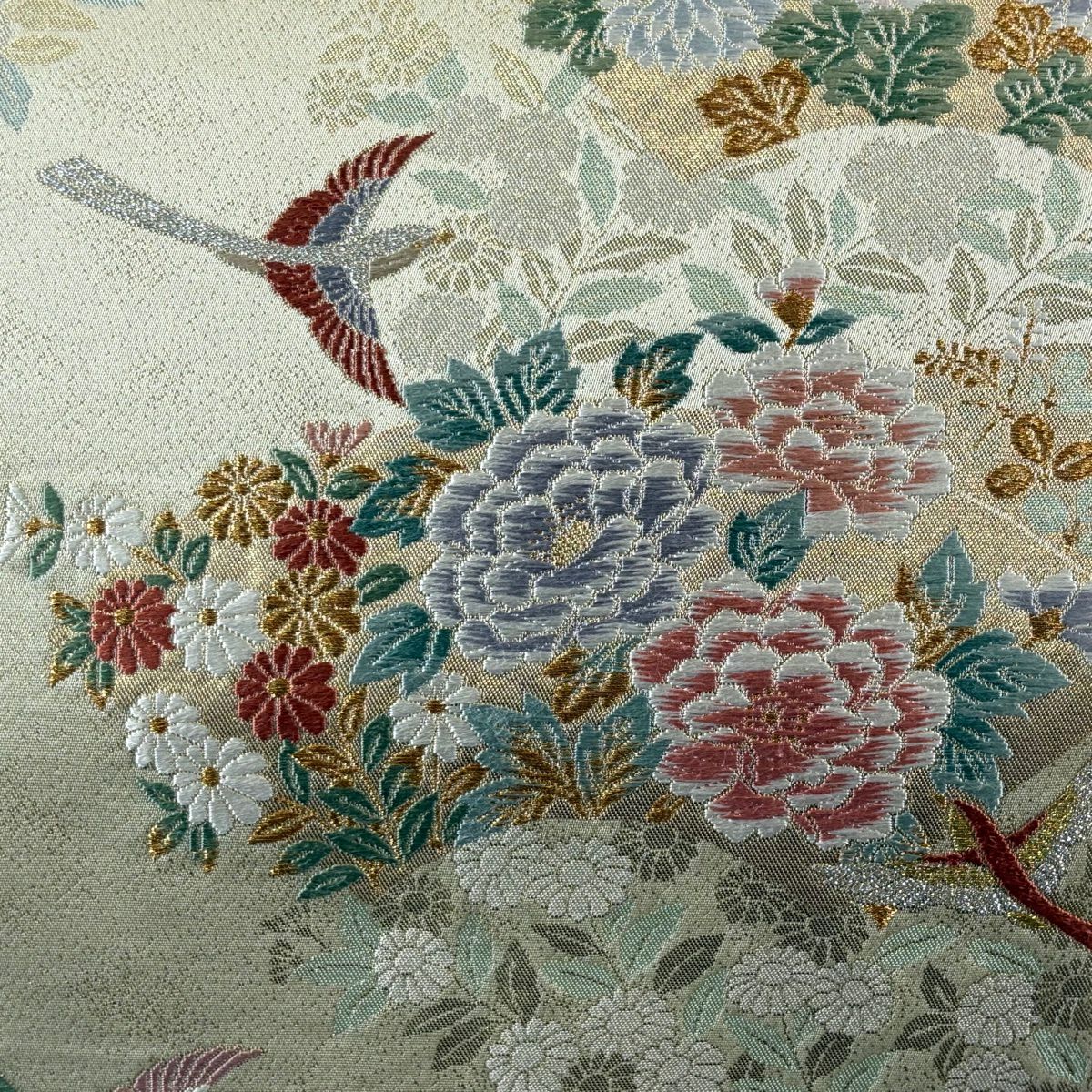 【美品】 袋帶 秀品級 證書齊全 草花紋紋 扇子面 金銀彩 金金箔 奶油色 六通 純蠶絲