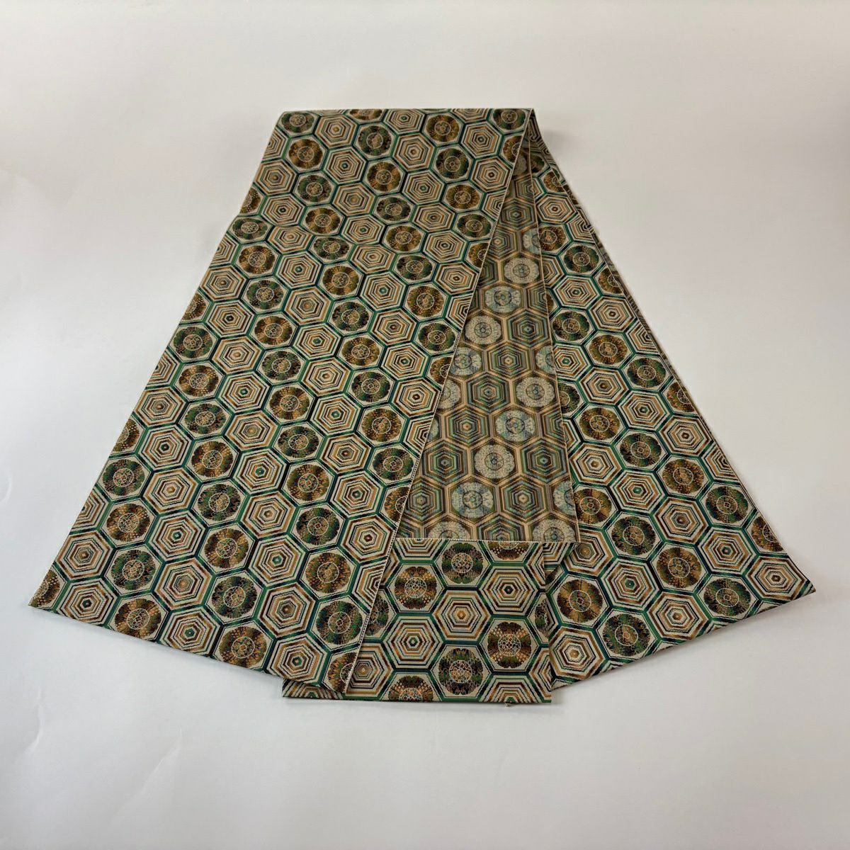 【美品】 名古屋帶 優品級 八寸名古屋帶 松樹葉仕立 子持龜甲 花 銀線 淺茶 純蠶絲