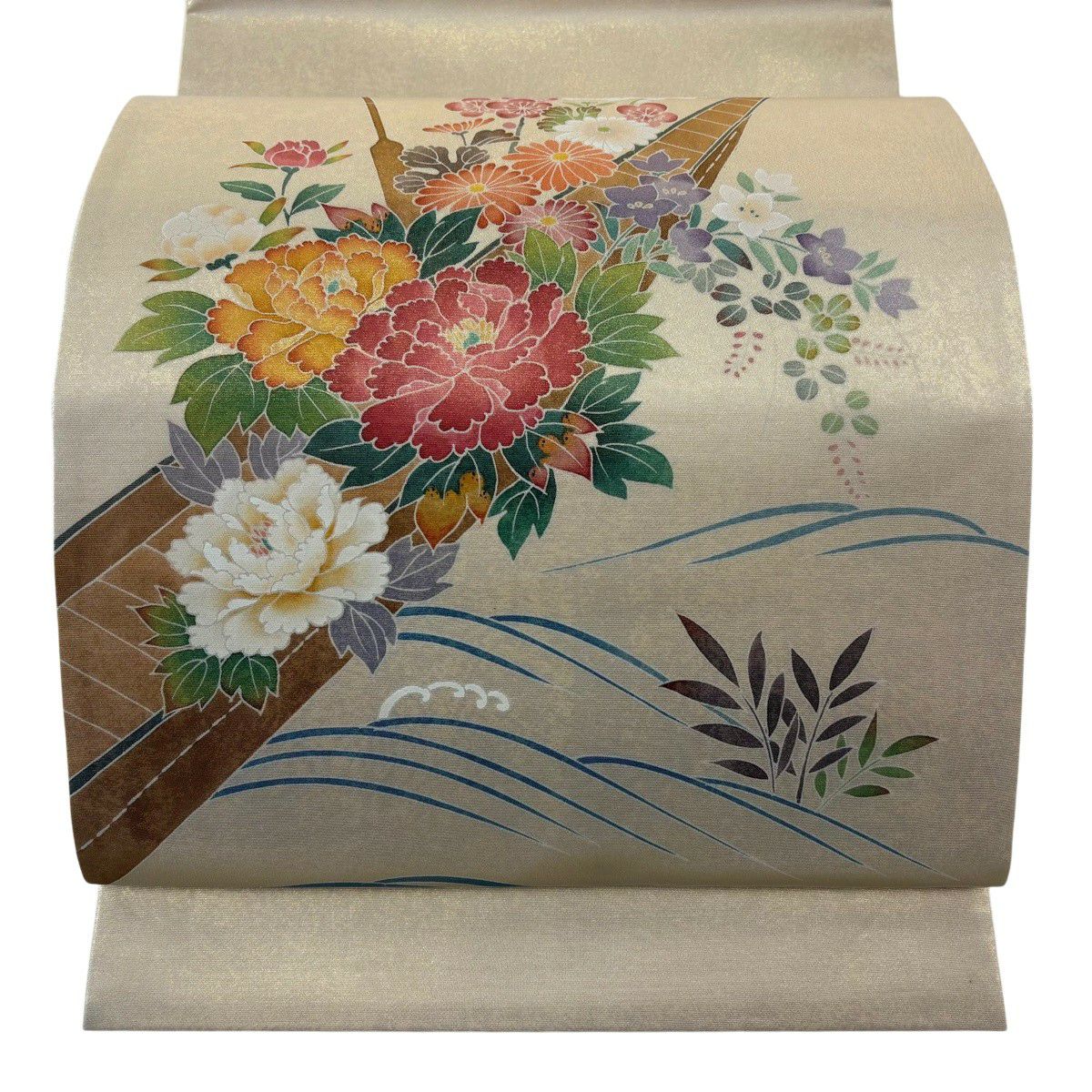 【美品】 袋帶 秀品級 舟 草花紋 金金箔 金色 お太鼓圖案 純蠶絲