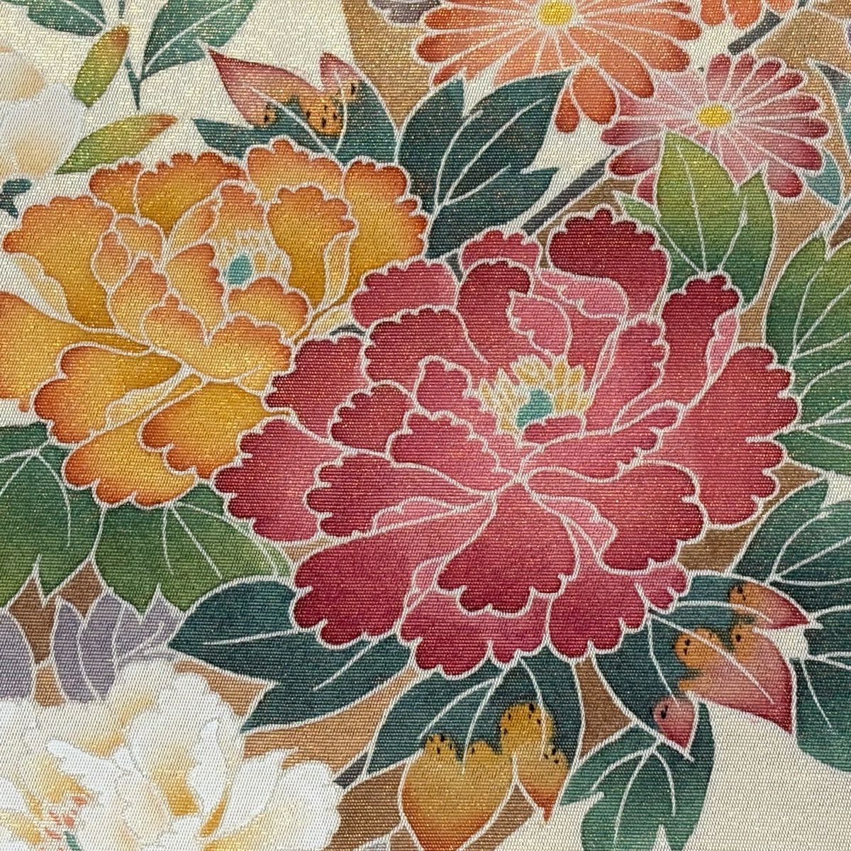 【美品】 袋帶 秀品級 舟 草花紋 金金箔 金色 お太鼓圖案 純蠶絲
