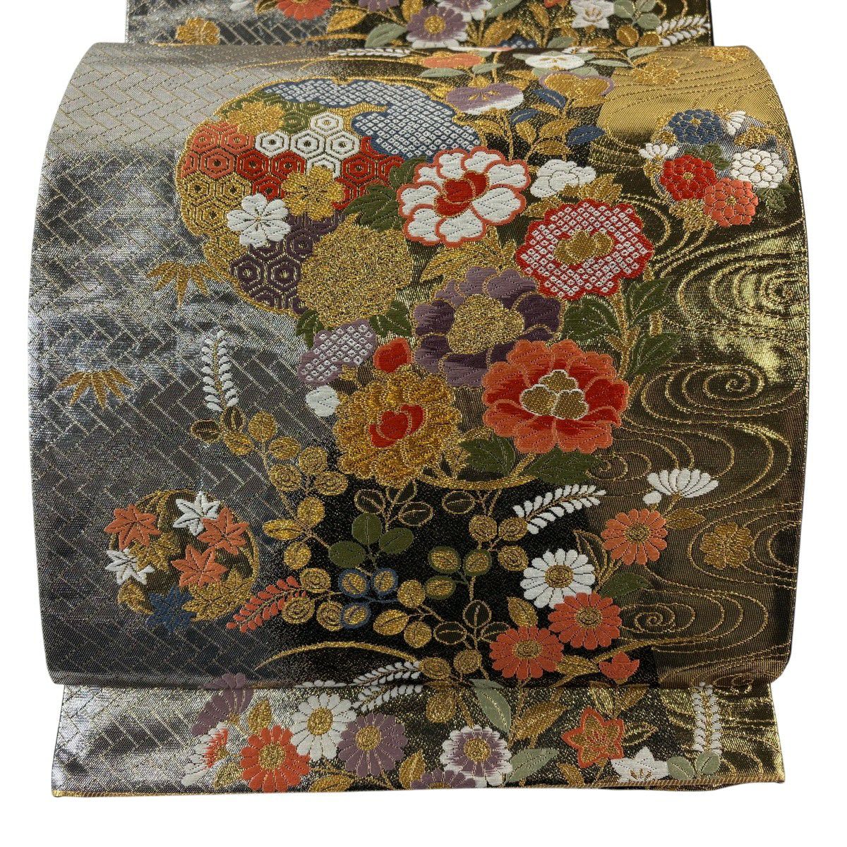 【美品】 袋帶 秀品級 雪輪 草花紋 金糸 唐織 銀 六通 純蠶絲
