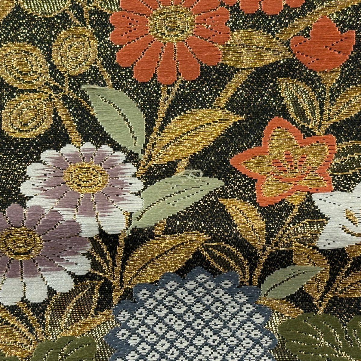 【美品】 袋帶 秀品級 雪輪 草花紋 金糸 唐織 銀 六通 純蠶絲